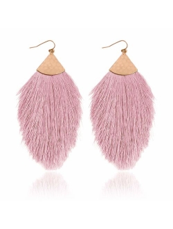 Bohemian Silky Thread Tassel Statement Drop Earrings - Strand Fringe Lightweight Feather Shape Dangles, Diamond Fan, Triangle Duster