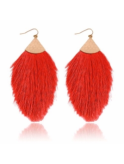 Bohemian Silky Thread Tassel Statement Drop Earrings - Strand Fringe Lightweight Feather Shape Dangles, Diamond Fan, Triangle Duster