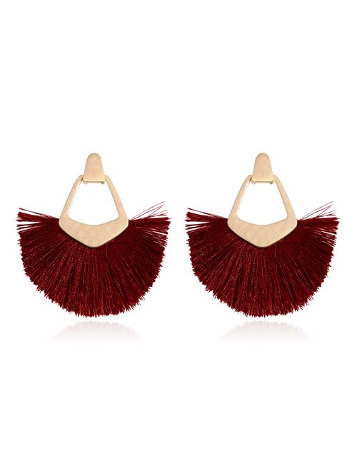 RIAH FASHION Bohemian Silky Thread Tassel Statement Drop Earrings - Strand Fringe Lightweight Feather Shape Dangles, Diamond Fan, Triangle Duster