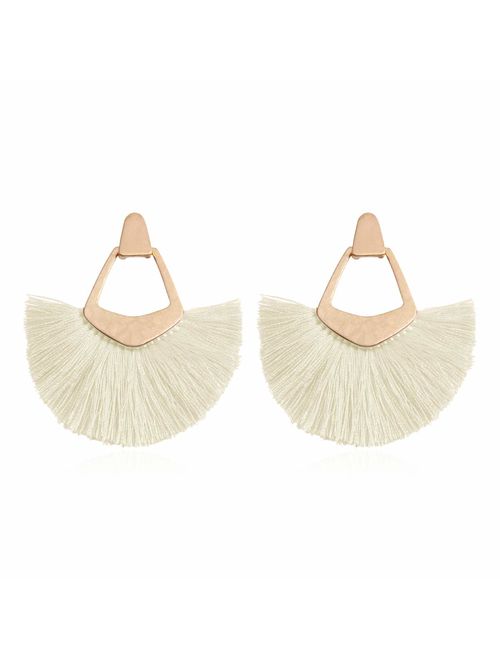 RIAH FASHION Bohemian Silky Thread Tassel Statement Drop Earrings - Strand Fringe Lightweight Feather Shape Dangles, Diamond Fan, Triangle Duster