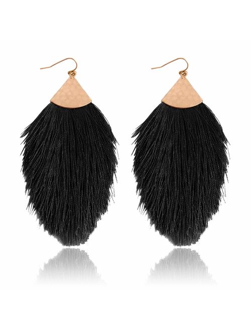 RIAH FASHION Bohemian Silky Thread Tassel Statement Drop Earrings - Strand Fringe Lightweight Feather Shape Dangles, Diamond Fan, Triangle Duster