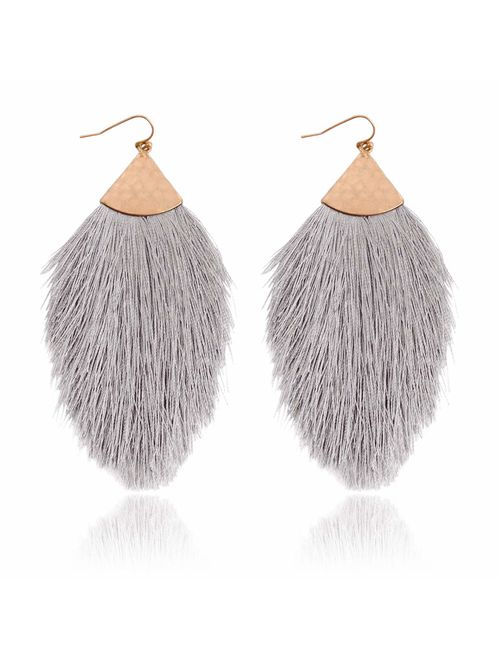 RIAH FASHION Bohemian Silky Thread Tassel Statement Drop Earrings - Strand Fringe Lightweight Feather Shape Dangles, Diamond Fan, Triangle Duster