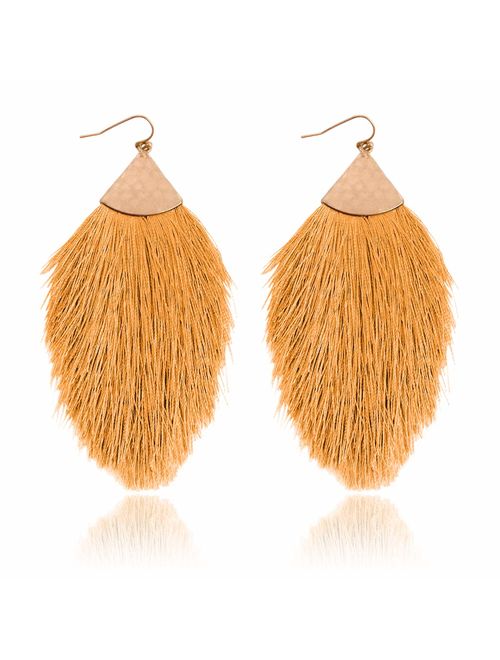 RIAH FASHION Bohemian Silky Thread Tassel Statement Drop Earrings - Strand Fringe Lightweight Feather Shape Dangles, Diamond Fan, Triangle Duster