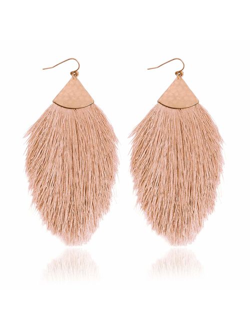 RIAH FASHION Bohemian Silky Thread Tassel Statement Drop Earrings - Strand Fringe Lightweight Feather Shape Dangles, Diamond Fan, Triangle Duster