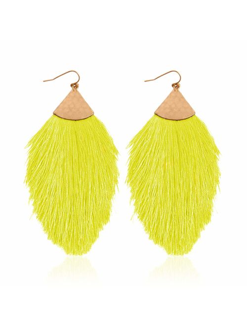 RIAH FASHION Bohemian Silky Thread Tassel Statement Drop Earrings - Strand Fringe Lightweight Feather Shape Dangles, Diamond Fan, Triangle Duster