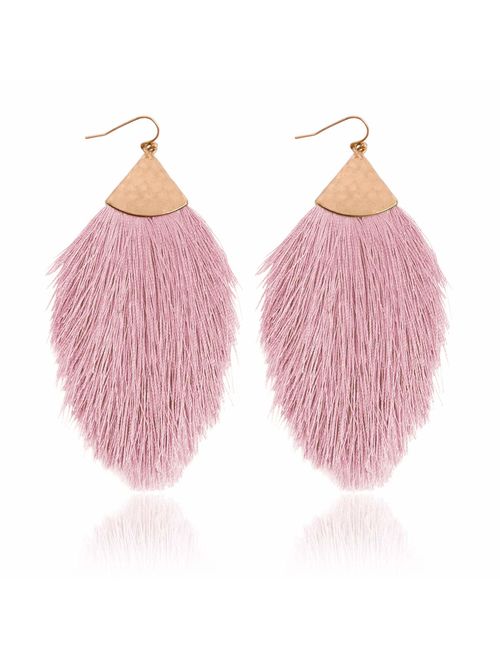 RIAH FASHION Bohemian Silky Thread Tassel Statement Drop Earrings - Strand Fringe Lightweight Feather Shape Dangles, Diamond Fan, Triangle Duster