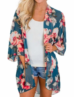 Finoceans Womens Floral Chiffon Kimono Cardigans Loose Beach Cover Up Half Sleeve Tops