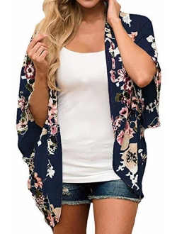 Finoceans Womens Floral Chiffon Kimono Cardigans Loose Beach Cover Up Half Sleeve Tops