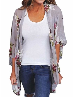 Finoceans Womens Floral Chiffon Kimono Cardigans Loose Beach Cover Up Half Sleeve Tops