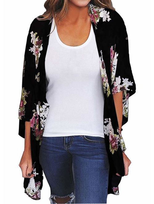 Finoceans Womens Floral Chiffon Kimono Cardigans Loose Beach Cover Up Half Sleeve Tops