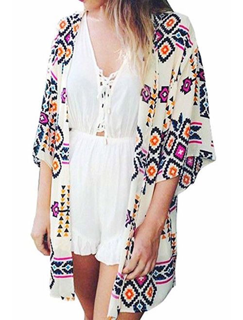 Finoceans Womens Floral Chiffon Kimono Cardigans Loose Beach Cover Up Half Sleeve Tops