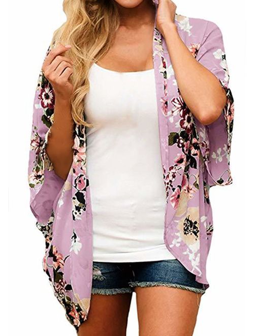 Finoceans Womens Floral Chiffon Kimono Cardigans Loose Beach Cover Up Half Sleeve Tops