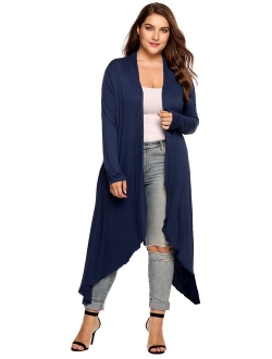 Zeagoo Women's Plus Size Long Sleeve Waterfall Asymmetric Drape Open Front Long Maxi Cardigan Sweater L-5XL