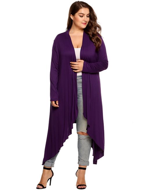 Zeagoo Women's Plus Size Long Sleeve Waterfall Asymmetric Drape Open Front Long Maxi Cardigan Sweater L-5XL