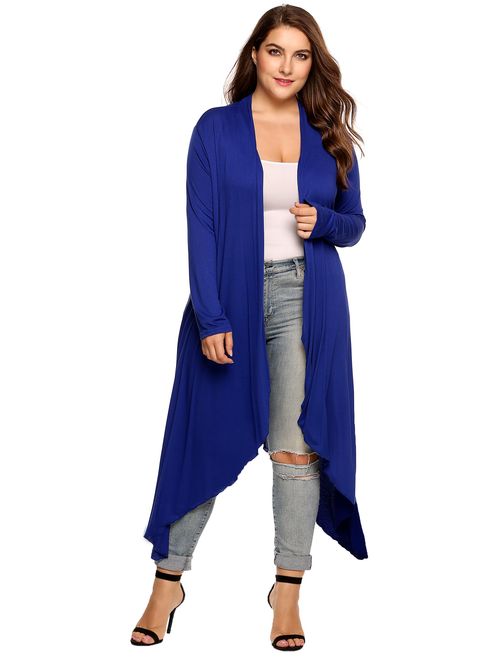 Zeagoo Women's Plus Size Long Sleeve Waterfall Asymmetric Drape Open Front Long Maxi Cardigan Sweater L-5XL