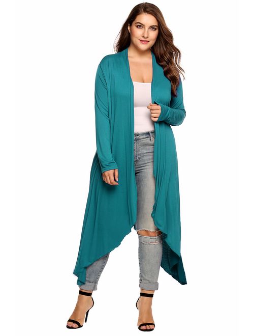 Zeagoo Women's Plus Size Long Sleeve Waterfall Asymmetric Drape Open Front Long Maxi Cardigan Sweater L-5XL