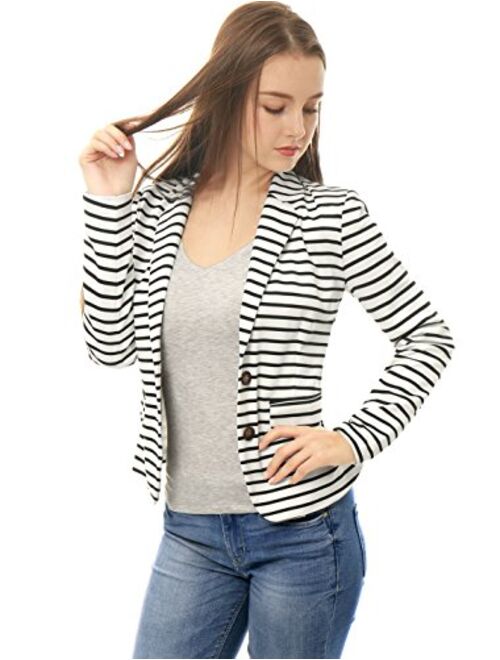 Allegra K Women's Notched Lapel Pocket Button Closure Striped Blazer