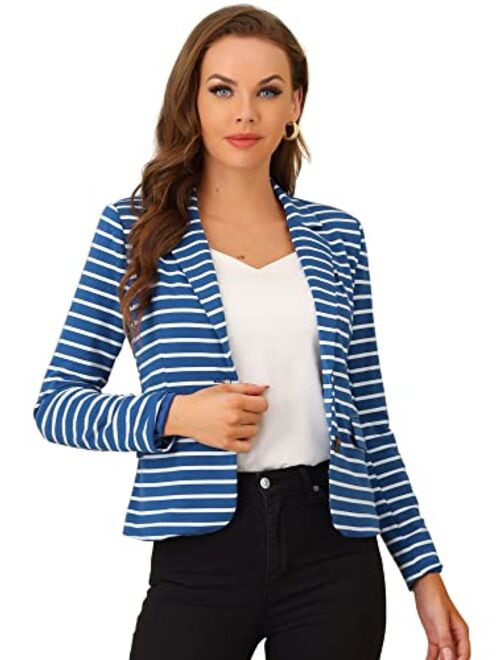 Allegra K Women's Notched Lapel Pocket Button Closure Striped Blazer