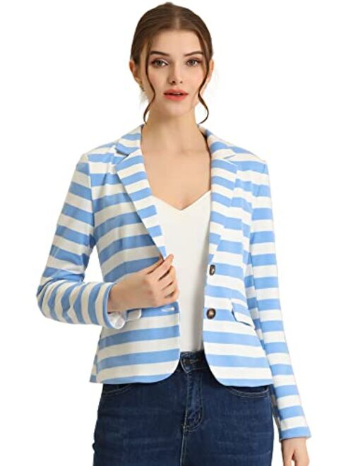 Allegra K Women's Notched Lapel Pocket Button Closure Striped Blazer