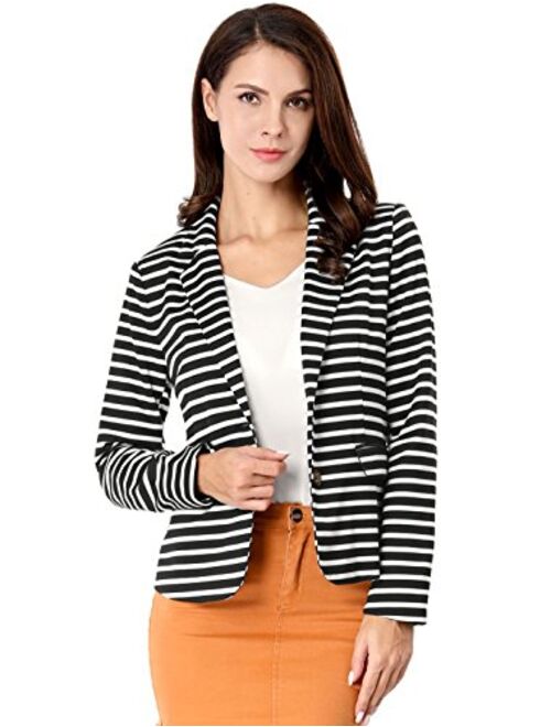 Allegra K Women's Notched Lapel Pocket Button Closure Striped Blazer