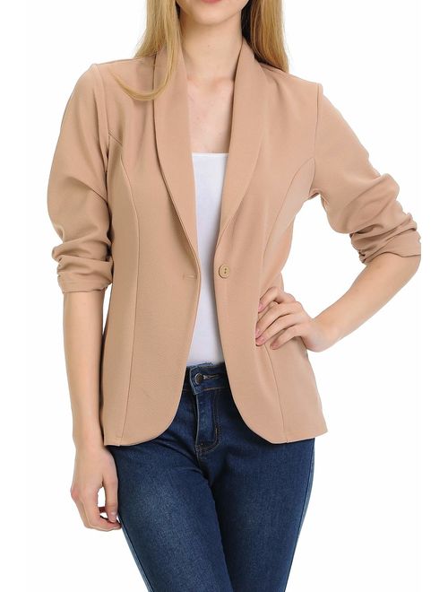 MINEFREE Women's 3/4 Ruched Sleeve Lightweight Work Office Blazer Jacket (S-3XL)