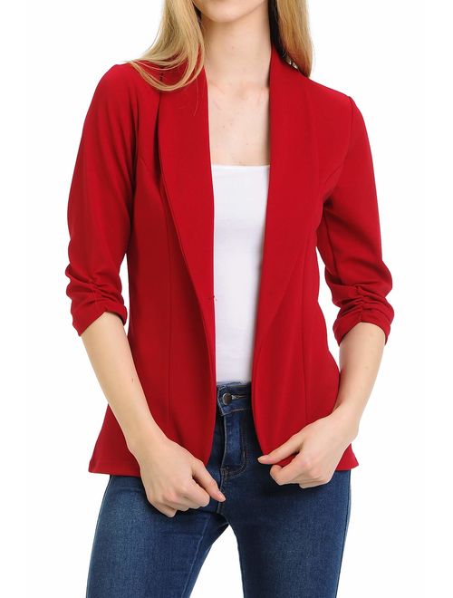 MINEFREE Women's 3/4 Ruched Sleeve Lightweight Work Office Blazer Jacket (S-3XL)