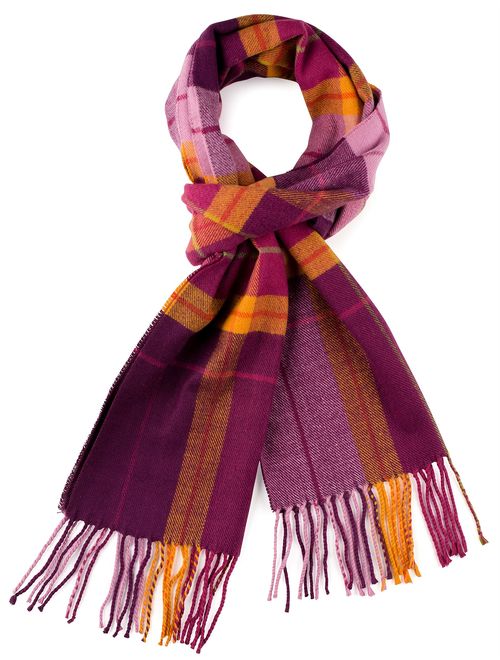 Plum Feathers Plaid Check and Solid Cashmere Feel Winter Scarf