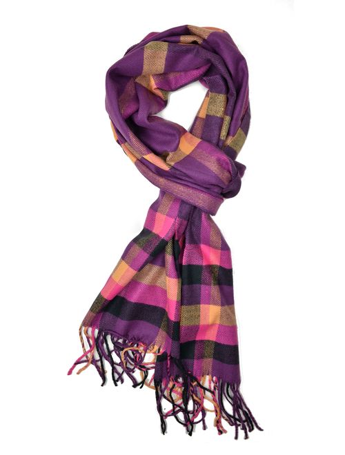 Plum Feathers Plaid Check and Solid Cashmere Feel Winter Scarf