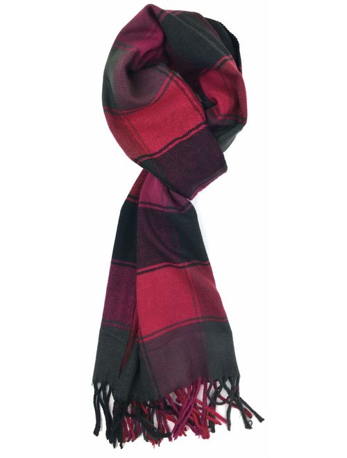 Plum Feathers Plaid Check and Solid Cashmere Feel Winter Scarf