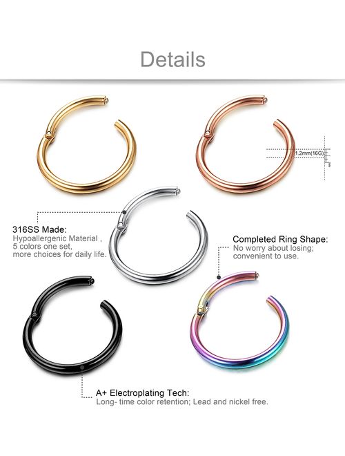 Jstyle 5 Pcs a Set 316L Stainless Steel Septum Piercing Nose Hoop Clicker Ring Hypoallergenic 16G