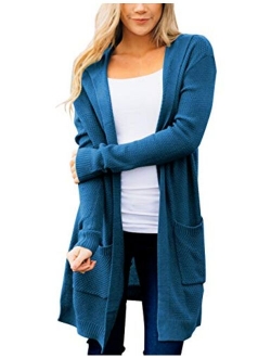 Women's Long Sleeve Open Front Hoodie Knit Sweater Cardigan with Pockets