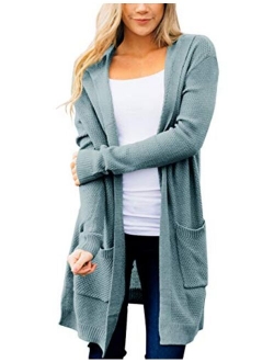 Women's Long Sleeve Open Front Hoodie Knit Sweater Cardigan with Pockets