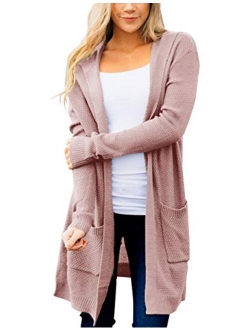 Women's Long Sleeve Open Front Hoodie Knit Sweater Cardigan with Pockets