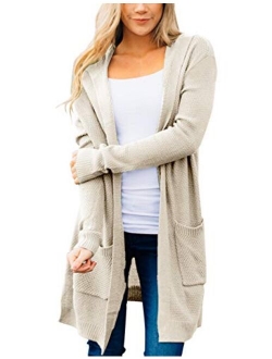 Women's Long Sleeve Open Front Hoodie Knit Sweater Cardigan with Pockets