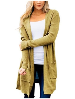 Women's Long Sleeve Open Front Hoodie Knit Sweater Cardigan with Pockets