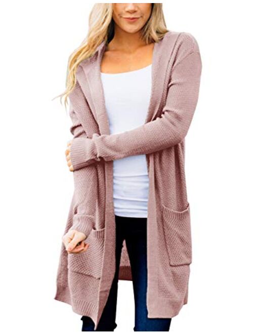 MEROKEETY Women's Long Sleeve Open Front Hoodie Knit Sweater Cardigan with Pockets