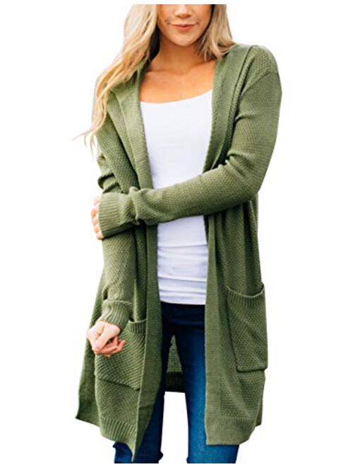 MEROKEETY Women's Long Sleeve Open Front Hoodie Knit Sweater Cardigan with Pockets