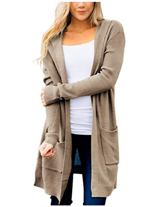 MEROKEETY Women's Long Sleeve Open Front Hoodie Knit Sweater Cardigan with Pockets