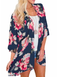 Womens Kimono Cardigans Floral Print Chiffon Beach Cover ups Loose Casual Tops