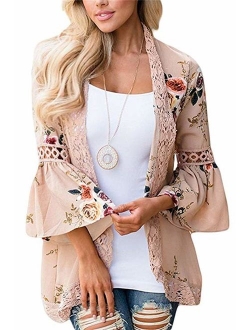 Womens Kimono Cardigans Floral Print Chiffon Beach Cover ups Loose Casual Tops