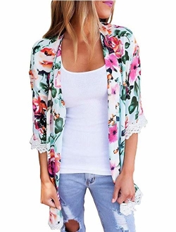 Womens Kimono Cardigans Floral Print Chiffon Beach Cover ups Loose Casual Tops