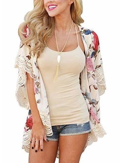 Womens Kimono Cardigans Floral Print Chiffon Beach Cover ups Loose Casual Tops