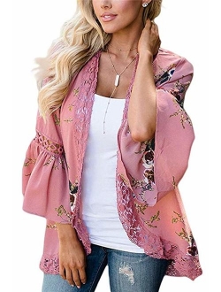 Womens Kimono Cardigans Floral Print Chiffon Beach Cover ups Loose Casual Tops