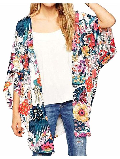 Womens Kimono Cardigans Floral Print Chiffon Beach Cover ups Loose Casual Tops