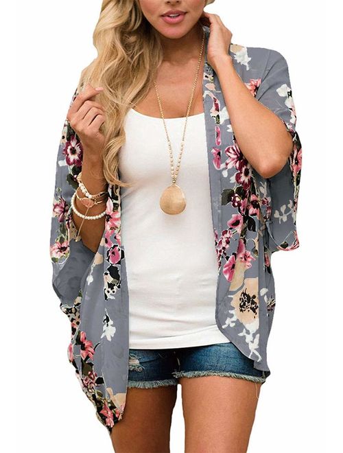 Womens Kimono Cardigans Floral Print Chiffon Beach Cover ups Loose Casual Tops