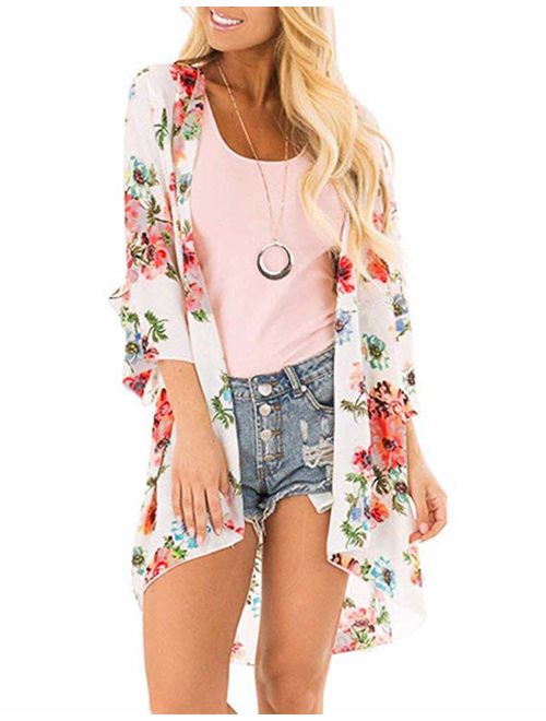 Womens Kimono Cardigans Floral Print Chiffon Beach Cover ups Loose Casual Tops