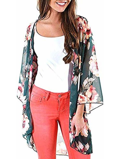 Womens Kimono Cardigans Floral Print Chiffon Beach Cover ups Loose Casual Tops