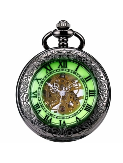 Mechanical Pocket Watch Half Hunter Case Steampunk Skeleton Dial for Men Women Antique Bronze Roman Numerals Hand Wind Magnifier