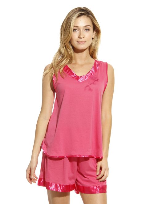 Dreamcrest Pajama Double V Short Sets with Satin Trim and Floral Embroidery