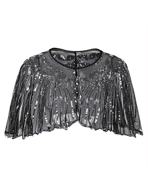 PrettyGuide Women's 1920s Shawl Beaded Sequin Deco Evening Cape Bolero Flapper Cover Up